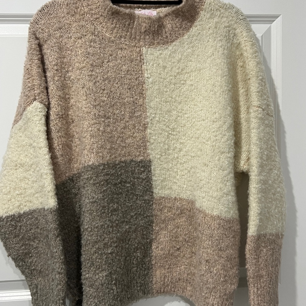 Pink Lily Cozy Patchwork Sweater - Cream and Brown